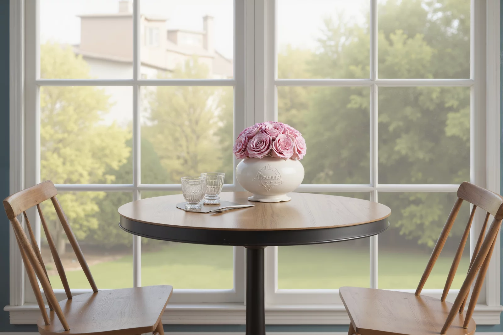 Cozy dining nook with wooden table, pink roses, and garden view