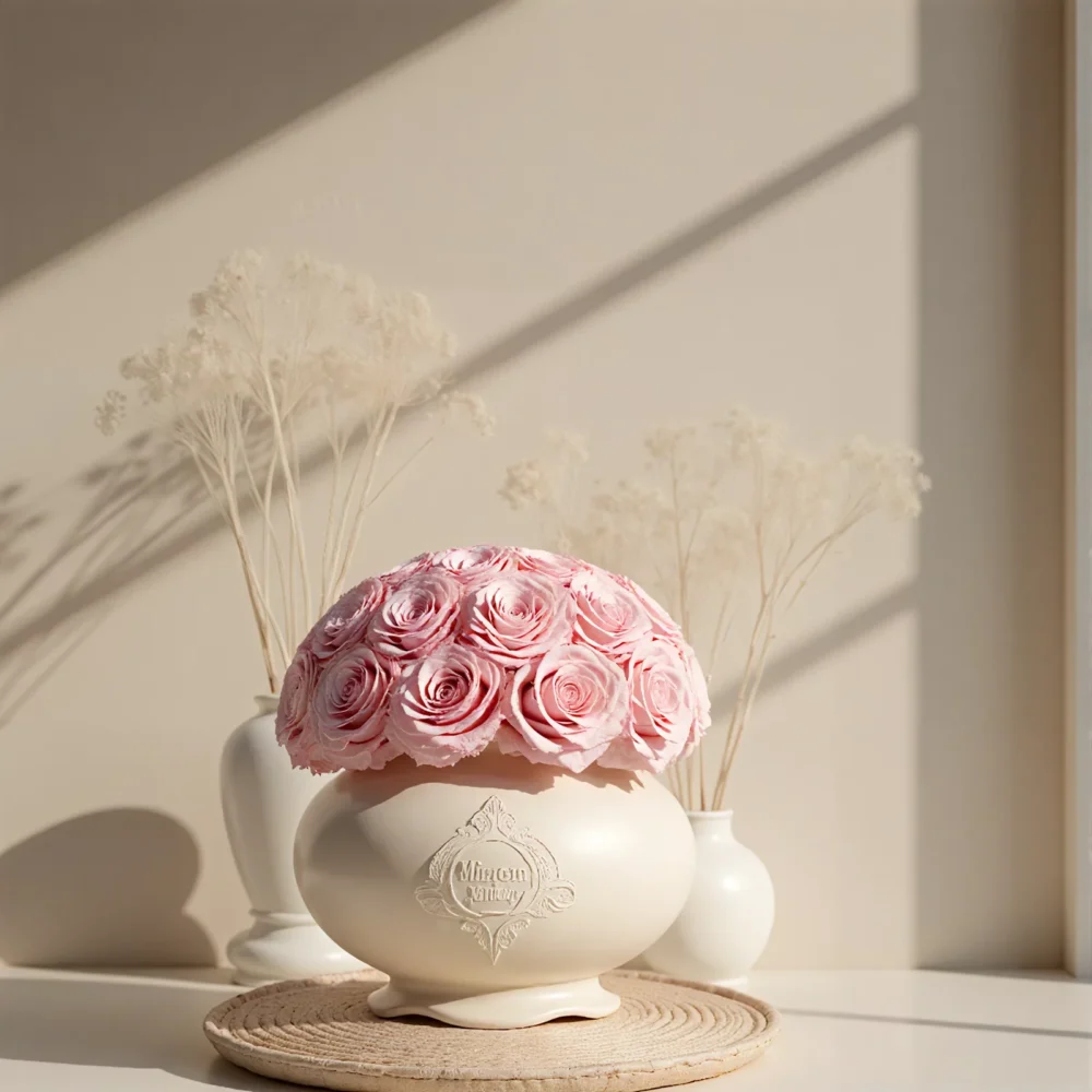 Delicate pink rose bouquet in white patterned vase with dried floral accents