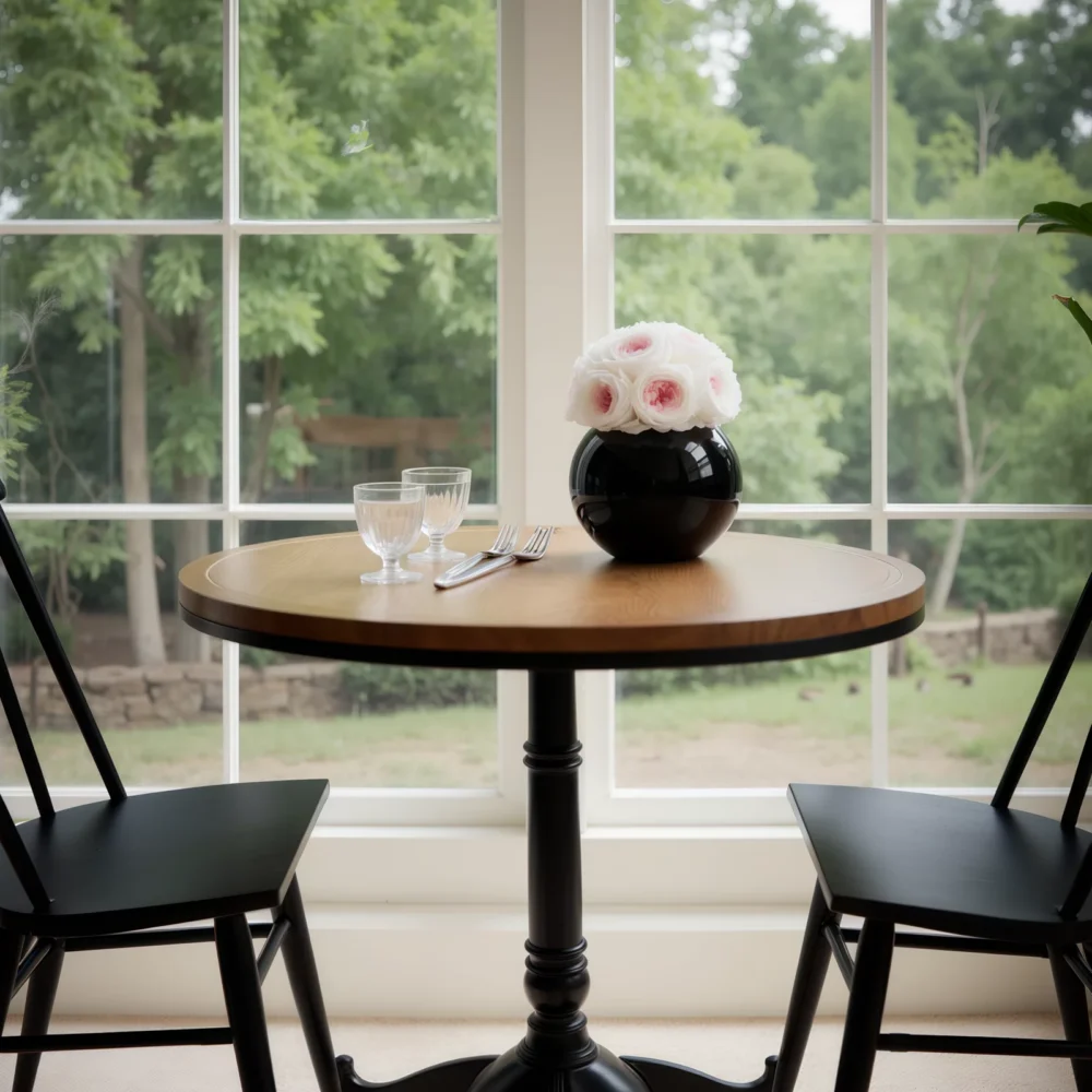 Minimalist dining nook with black vase of white and pink flowers