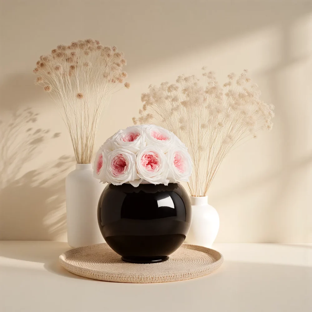 Minimalist floral arrangement with white and pink roses in black vase