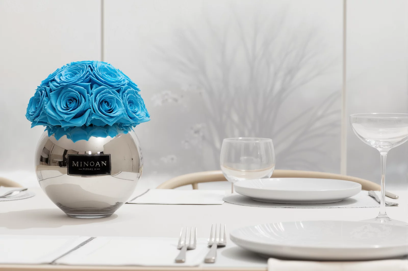 Minimalist dining setup with blue artificial roses and frosted glass panels