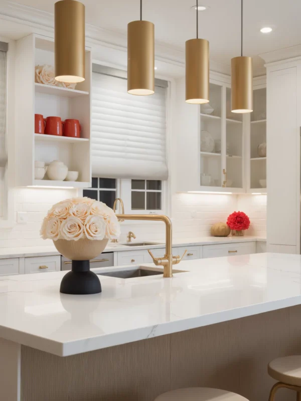 Elegant kitchen with gold pendant lights and cream-colored roses