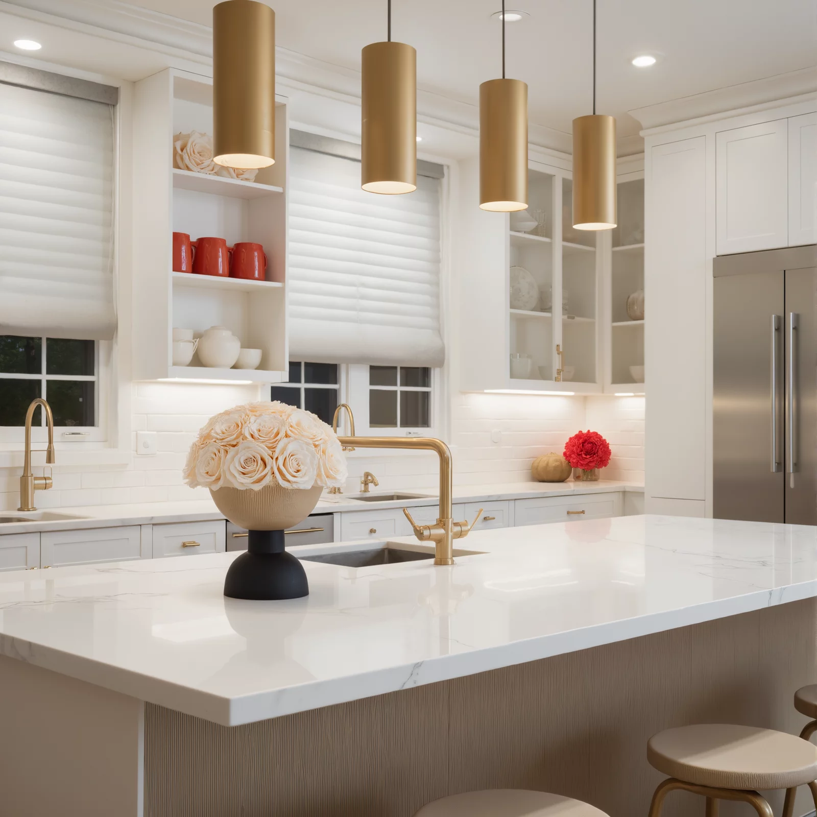 Elegant kitchen with gold pendant lights and cream-colored roses