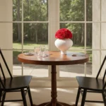 Serene dining nook with wooden table, red roses, and garden view