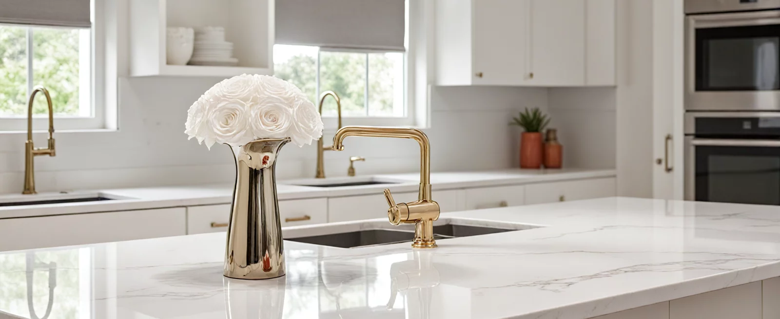 Minimalist setup with red roses and neutral-toned ceramic vases