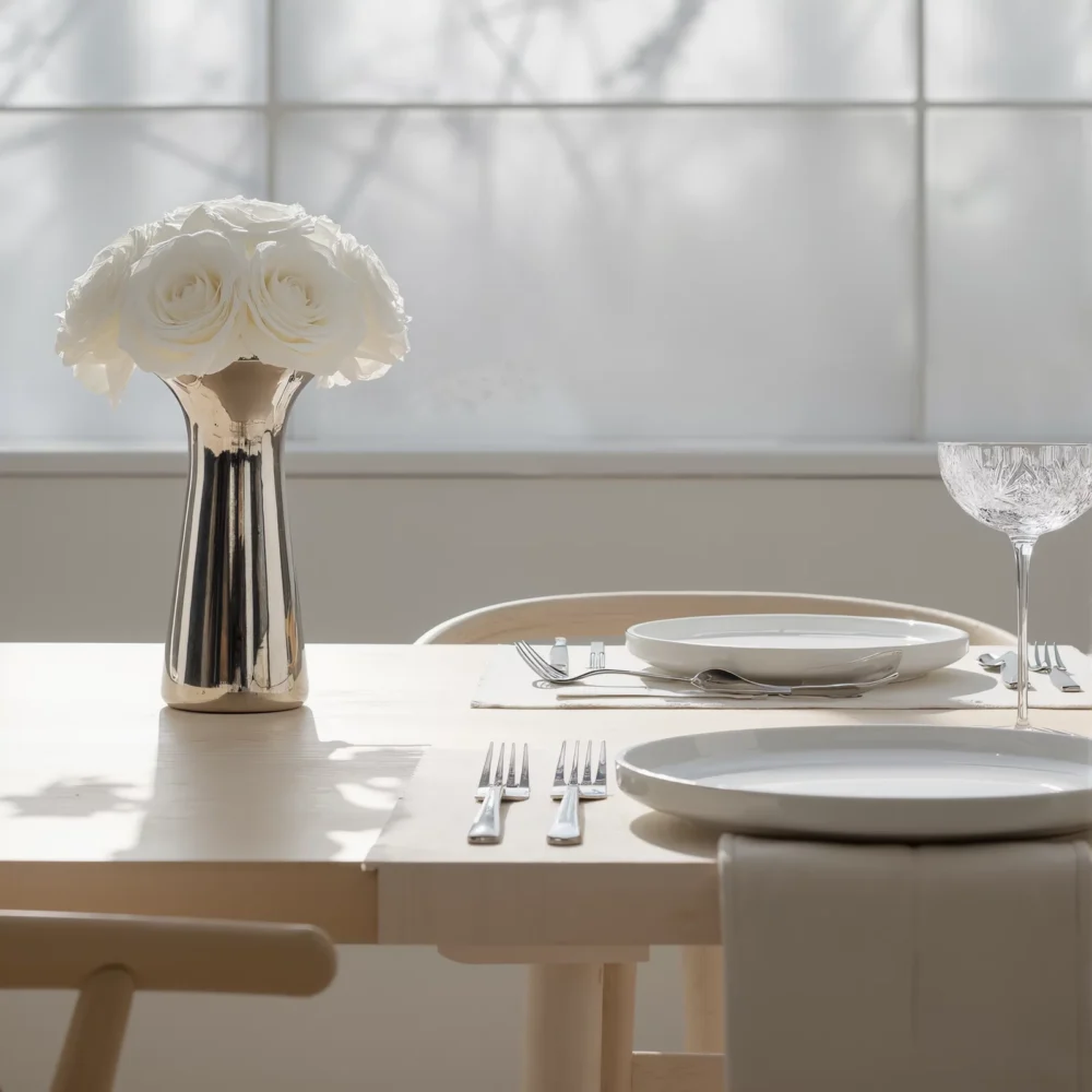 Modern kitchen with white island, black base, and dual floral vases