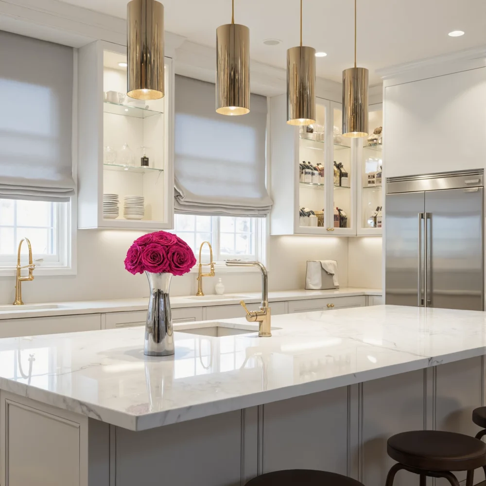 Monochromatic kitchen with white and black cabinetry and red rose bouquet