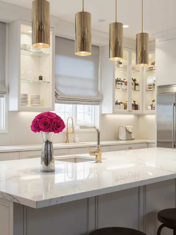 Monochromatic kitchen with white and black cabinetry and red rose bouquet