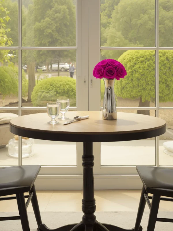 Cozy dining nook with wooden table, magenta rose, and garden view