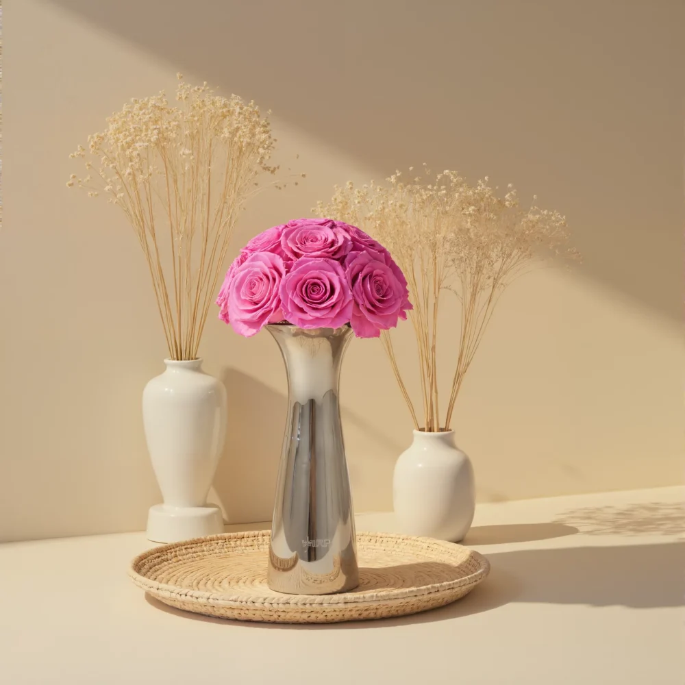 Minimalist floral arrangement with pink roses and dried wheat stalks