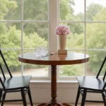 Serene dining area with wooden table, pink roses, and garden view