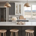 Farmhouse kitchen with rustic wooden island and cream-colored roses