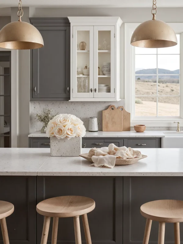 Farmhouse kitchen with rustic wooden island and cream-colored roses