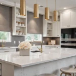 Sophisticated kitchen with speckled countertop and cream-colored roses
