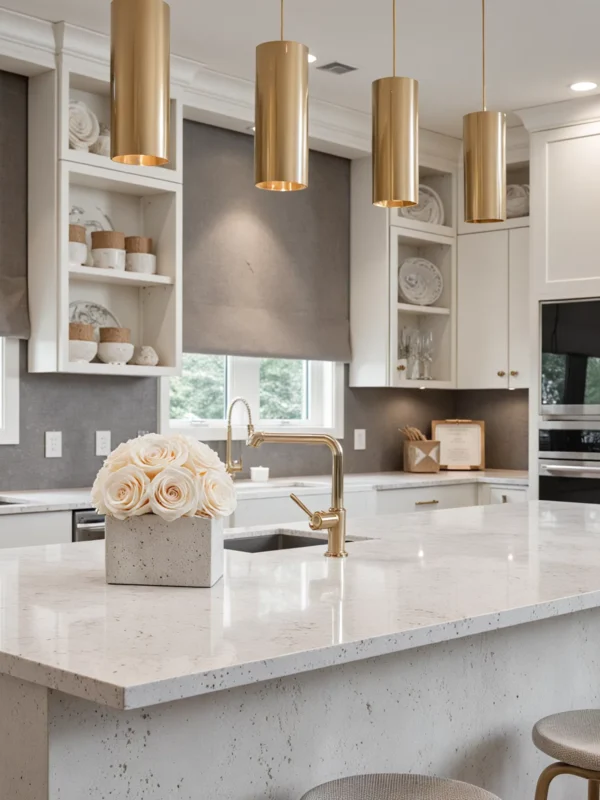 Sophisticated kitchen with speckled countertop and cream-colored roses