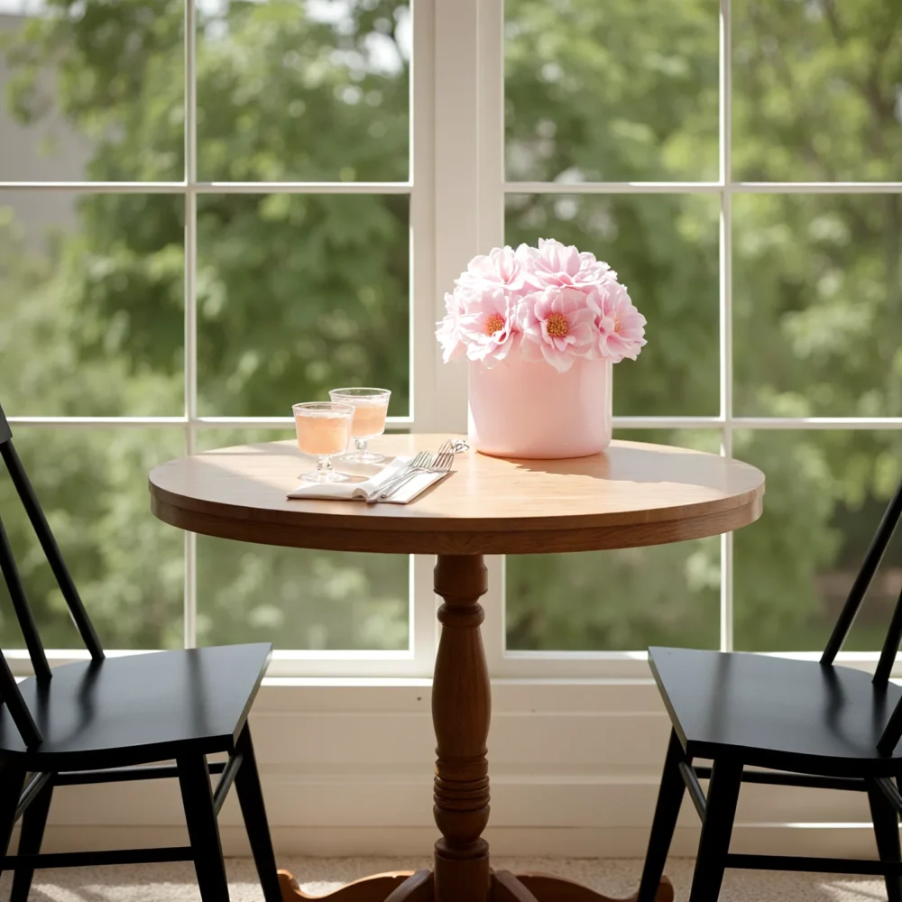 Cozy corner with wooden table, pink faux flowers, and garden view