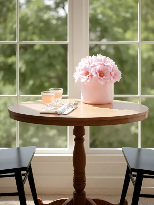 Cozy corner with wooden table, pink faux flowers, and garden view