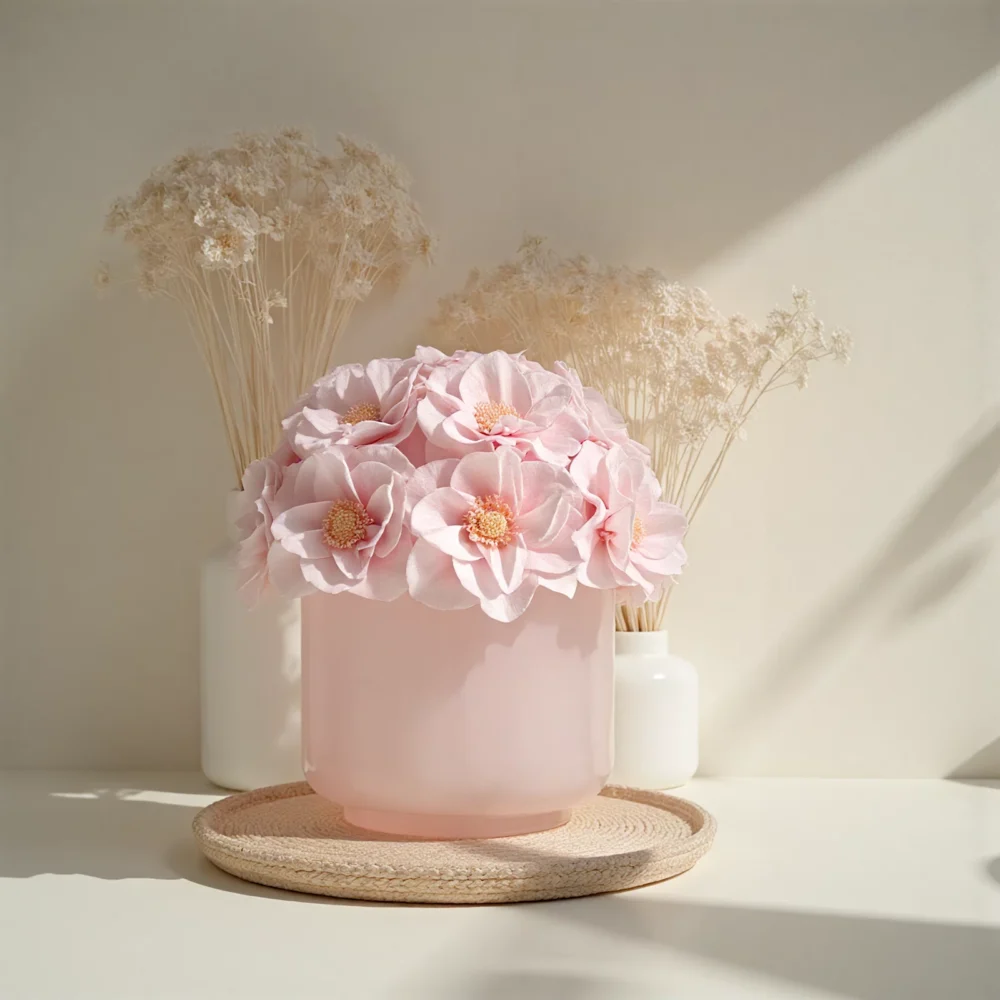 Pastel pink glass vase with soft pink artificial flowers