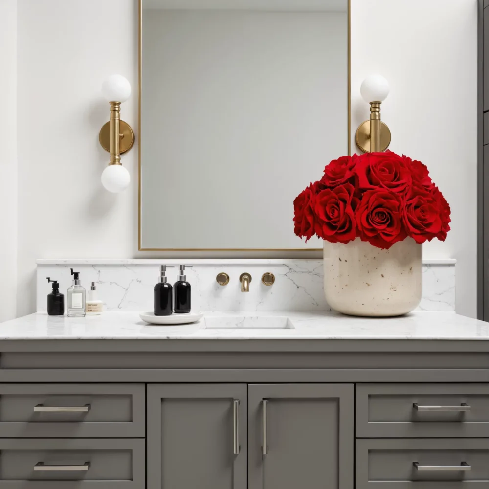 Modern bathroom with cream vase of red roses and gold sconces