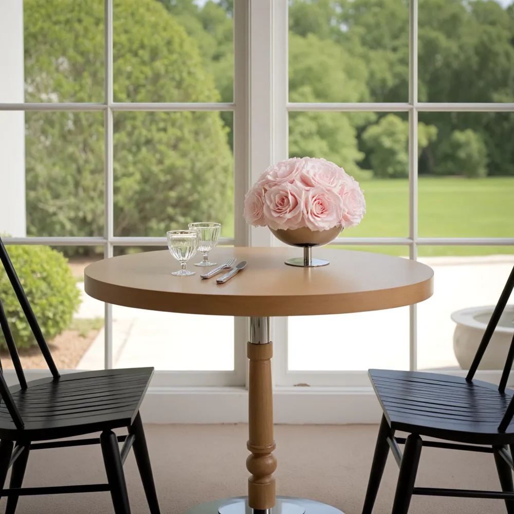 Serene dining nook with wooden table, pink roses, and garden view