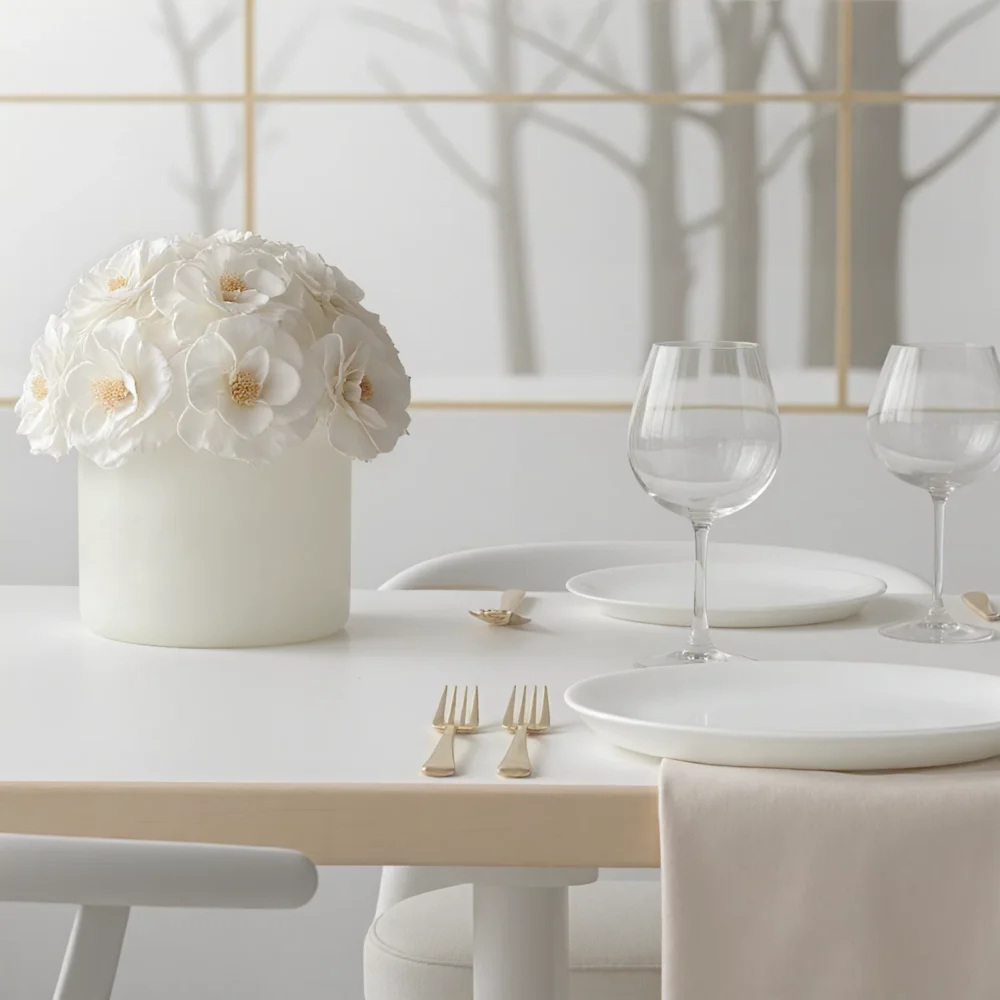 Minimalist dining table with white fabric flower centerpiece and monochrome forest scene