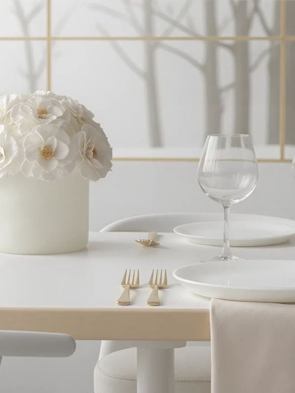 Minimalist dining table with white fabric flower centerpiece and monochrome forest scene