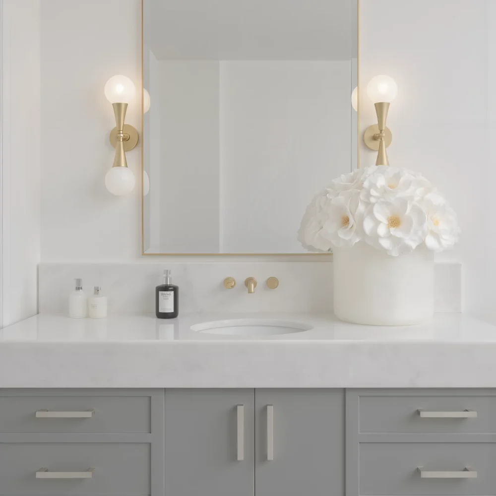 Modern bathroom with white marble countertop and large white floral bouquet