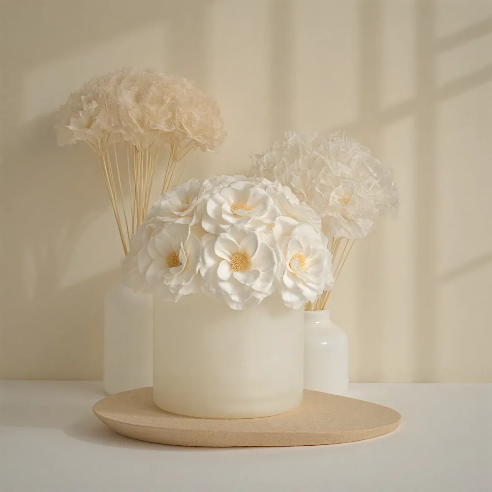 Soft-focused floral arrangement with white artificial flowers in beige vase