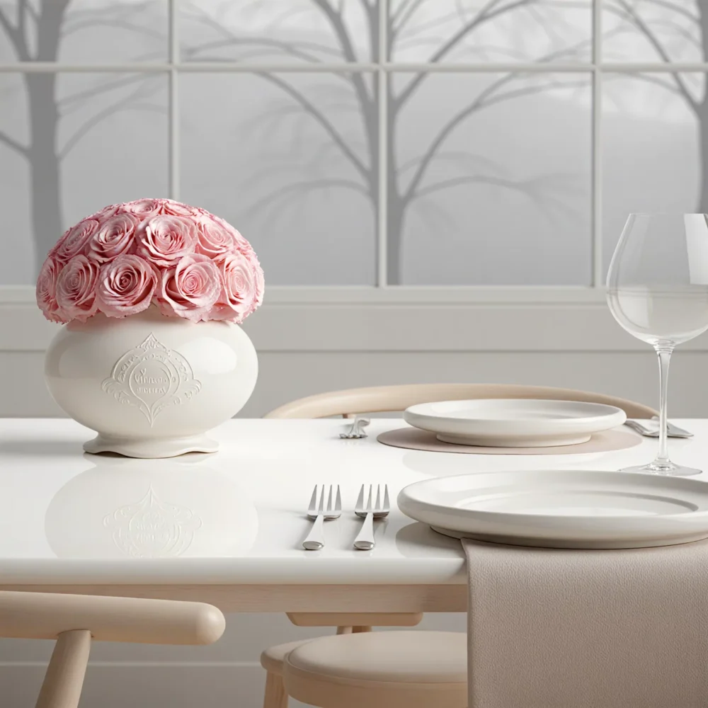 Elegant dining table with pink rose centerpiece and frosted tree-patterned windows