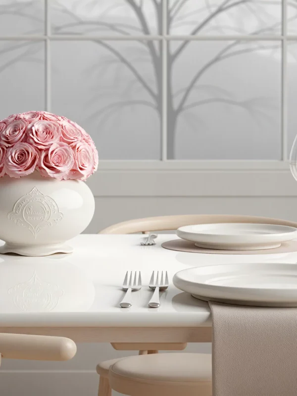 Elegant dining table with pink rose centerpiece and frosted tree-patterned windows