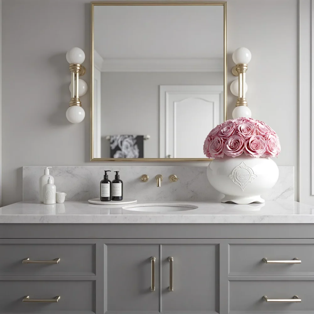 Elegant bathroom sink area with grey vanity and pink rose bouquet