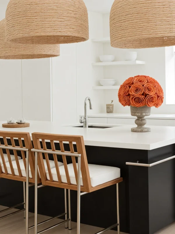 Modern kitchen with black island, woven pendant lights, and orange roses