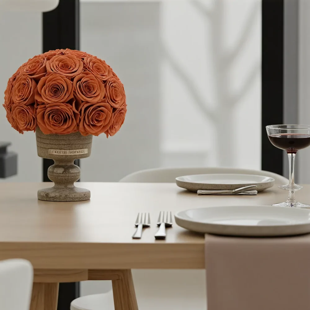 Minimalist dining setup with vase of orange-red roses and frosted window