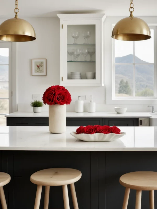 Modern kitchen with white marble island, mountain view, and red roses