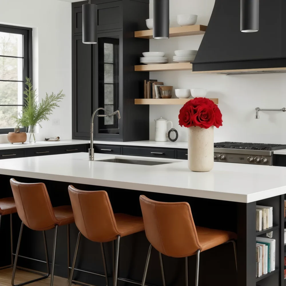 Stylish kitchen with black cabinetry, orange stools, and red roses