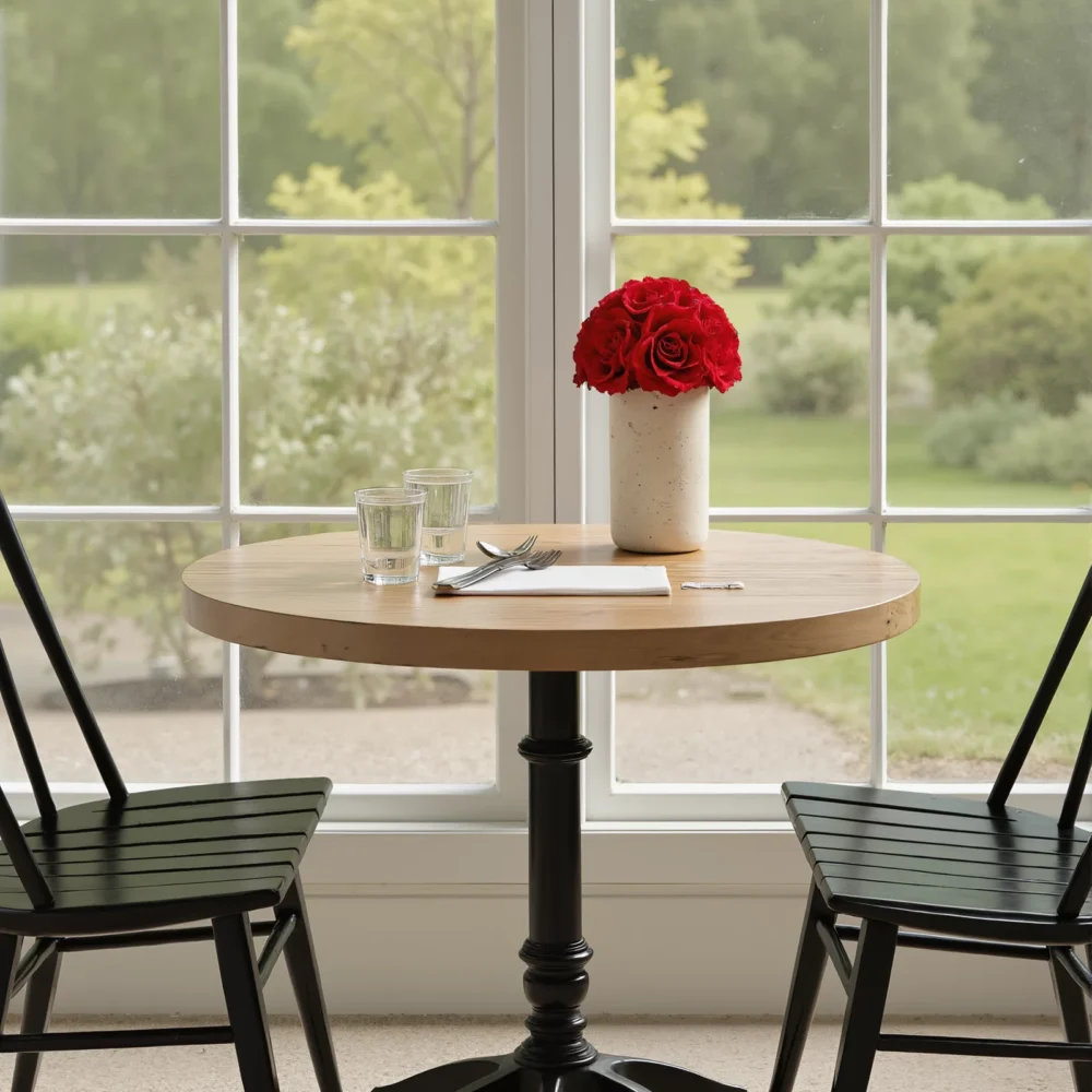 Cozy dining nook with wooden table, red roses, and garden view