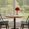 Cozy dining nook with wooden table, red roses, and garden view