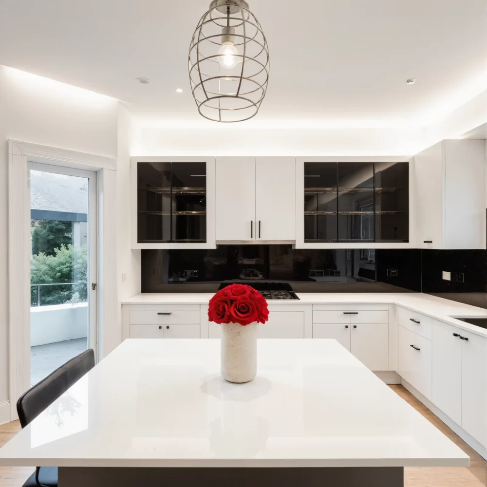 Contemporary kitchen with black glass-paneled cabinets and red roses