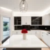 Contemporary kitchen with black glass-paneled cabinets and red roses