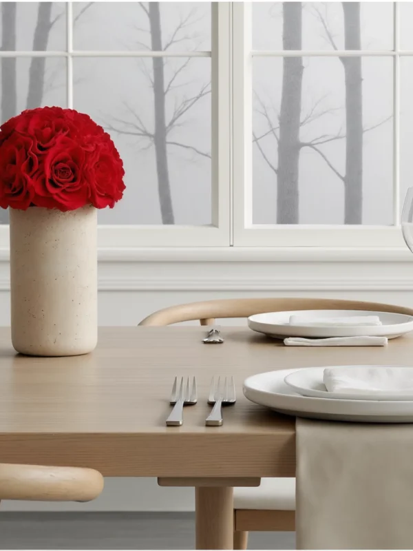 Modern dining room with red rose centerpiece and snowy tree view