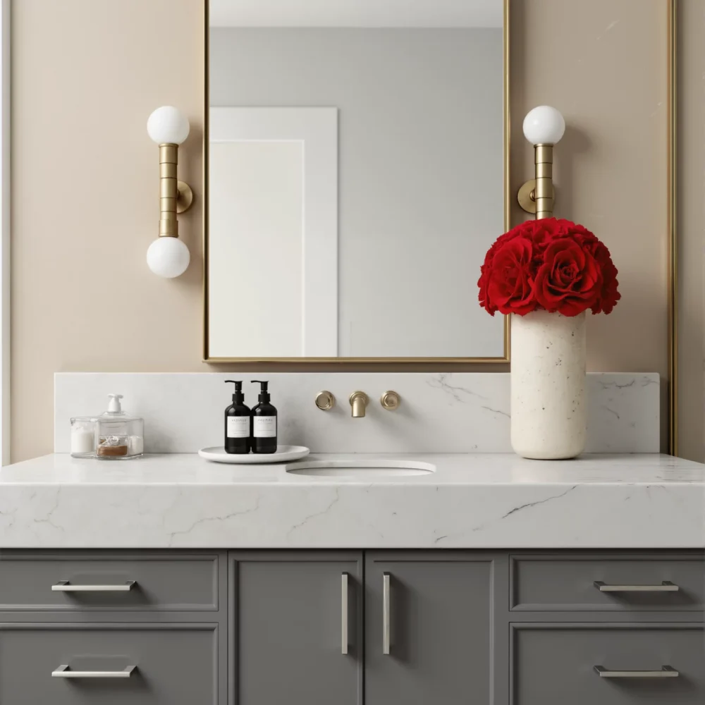 Modern bathroom with white marble countertop and red rose bouquet