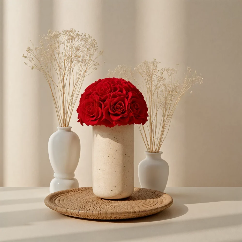 Modern floral arrangement with red roses in speckled beige vase