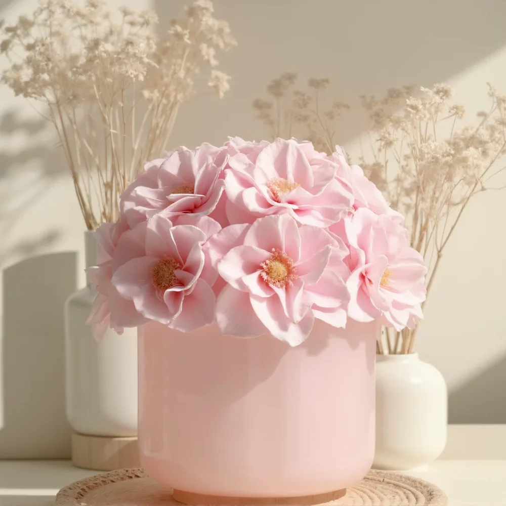 Soft pastel pink vase with hydrangea flowers and dried baby's breath