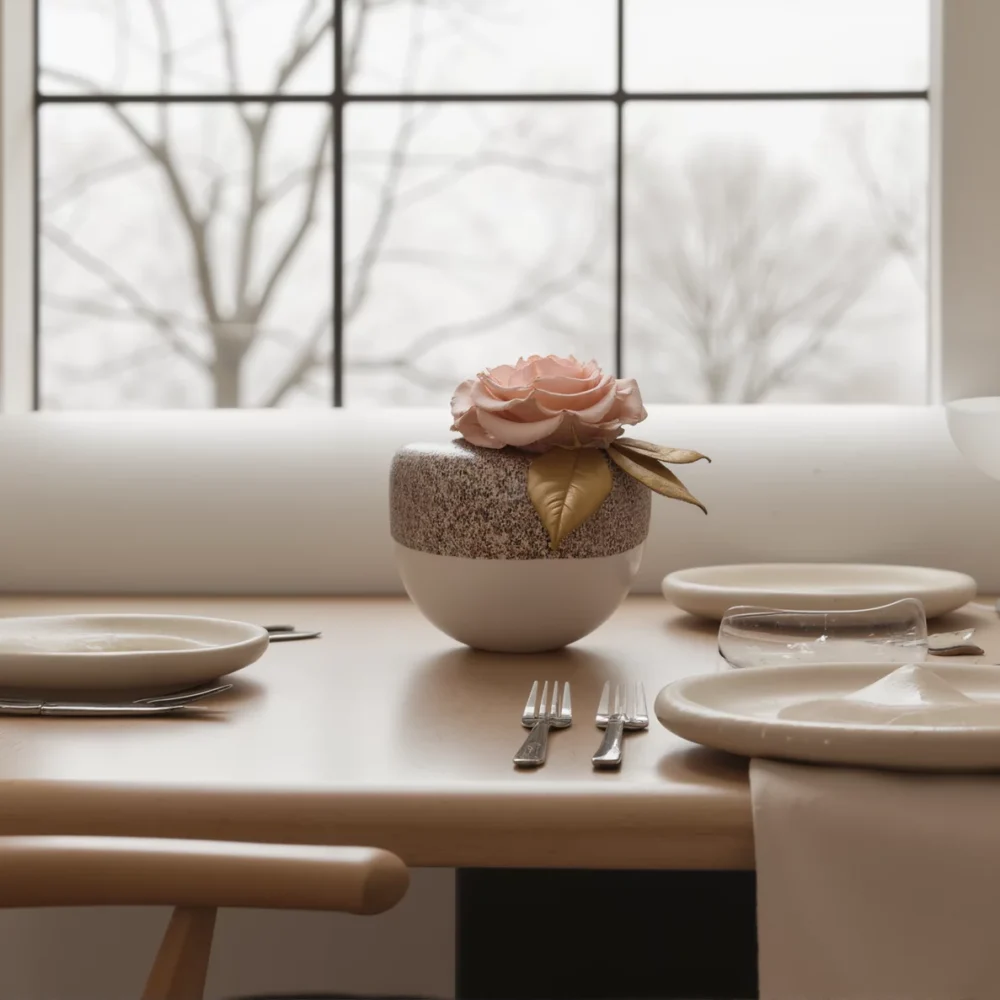 Textured vase with pink rose and gold leaf on a dining table, elegant floral display.
