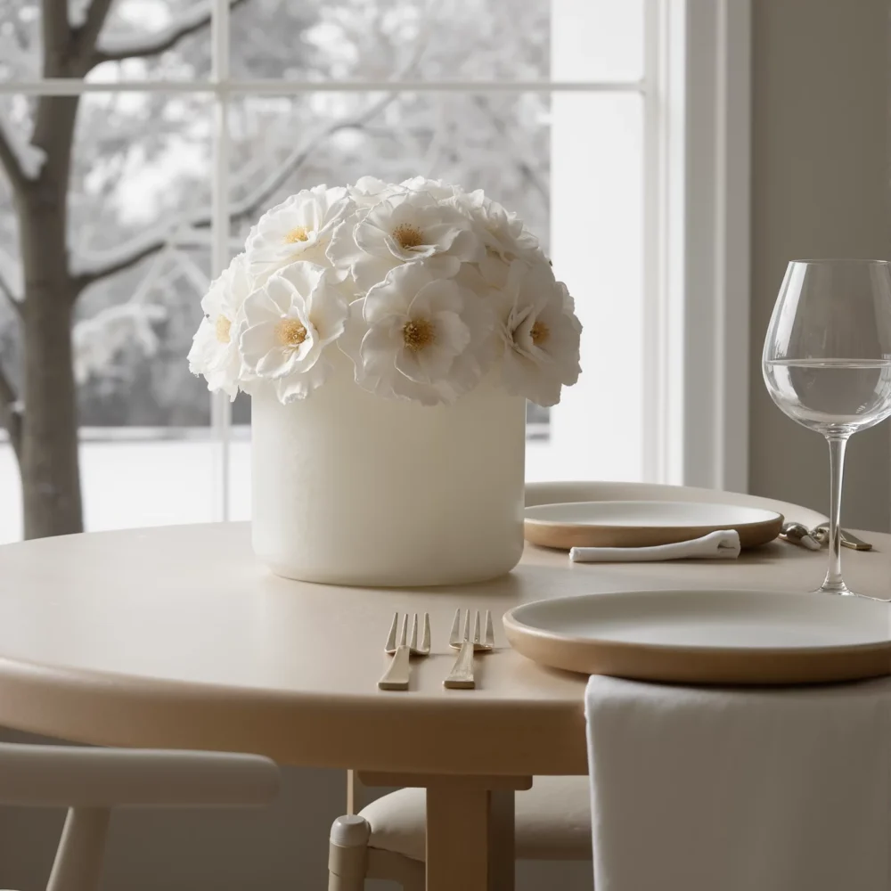 Cream-colored vase with white flowers on a dining table, elegant floral arrangement.