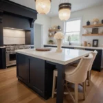 Navy blue kitchen island with floral arrangements, modern centerpiece.