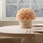 Cream-colored vase with peach roses on a dining table, minimalist floral centerpiece.