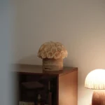 Minimalist interior with wooden cabinet and mushroom decor
