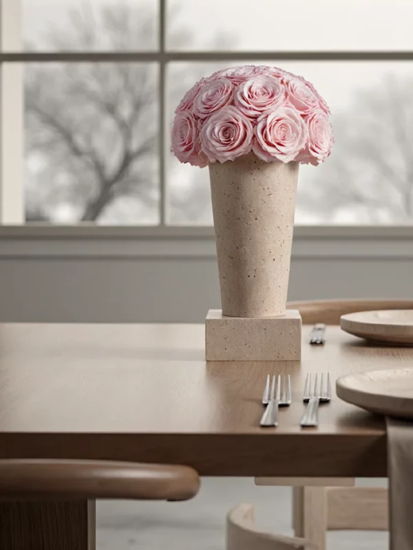 Minimalist dining setup with pink rose arrangement and wintery window view