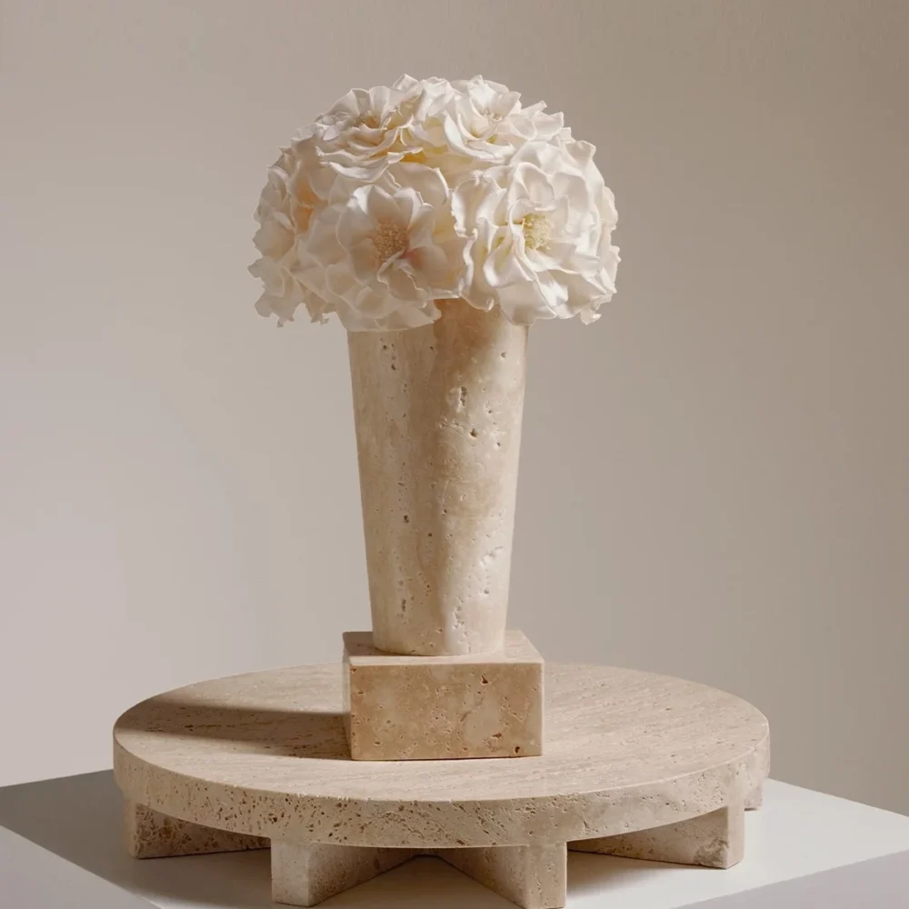 Minimalist still life with beige marble vase holding white ruffled flowers on pedestal